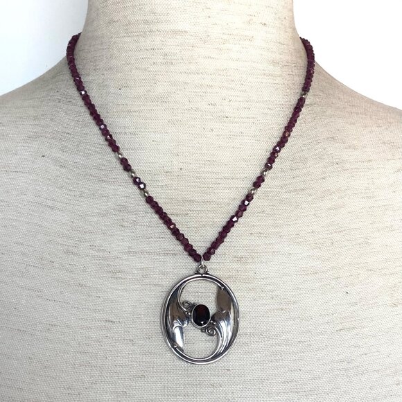 Sterling Silver 925 Beaded Oval Art Nouveau Style Garnet Pendant Necklace 18" - Picture 13 of 16